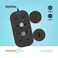 وصلة كهربائية بورودو بلو ب 8 مخارج AC  - اسود | Porodo Blue 8 AC Power Strip - Black