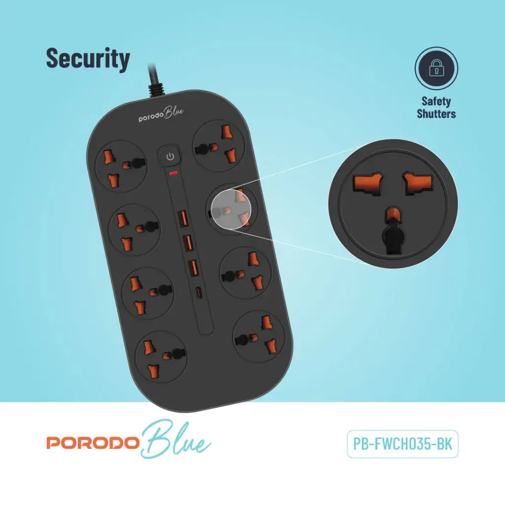 وصلة كهربائية بورودو بلو ب 8 مخارج AC  - اسود | Porodo Blue 8 AC Power Strip - Black