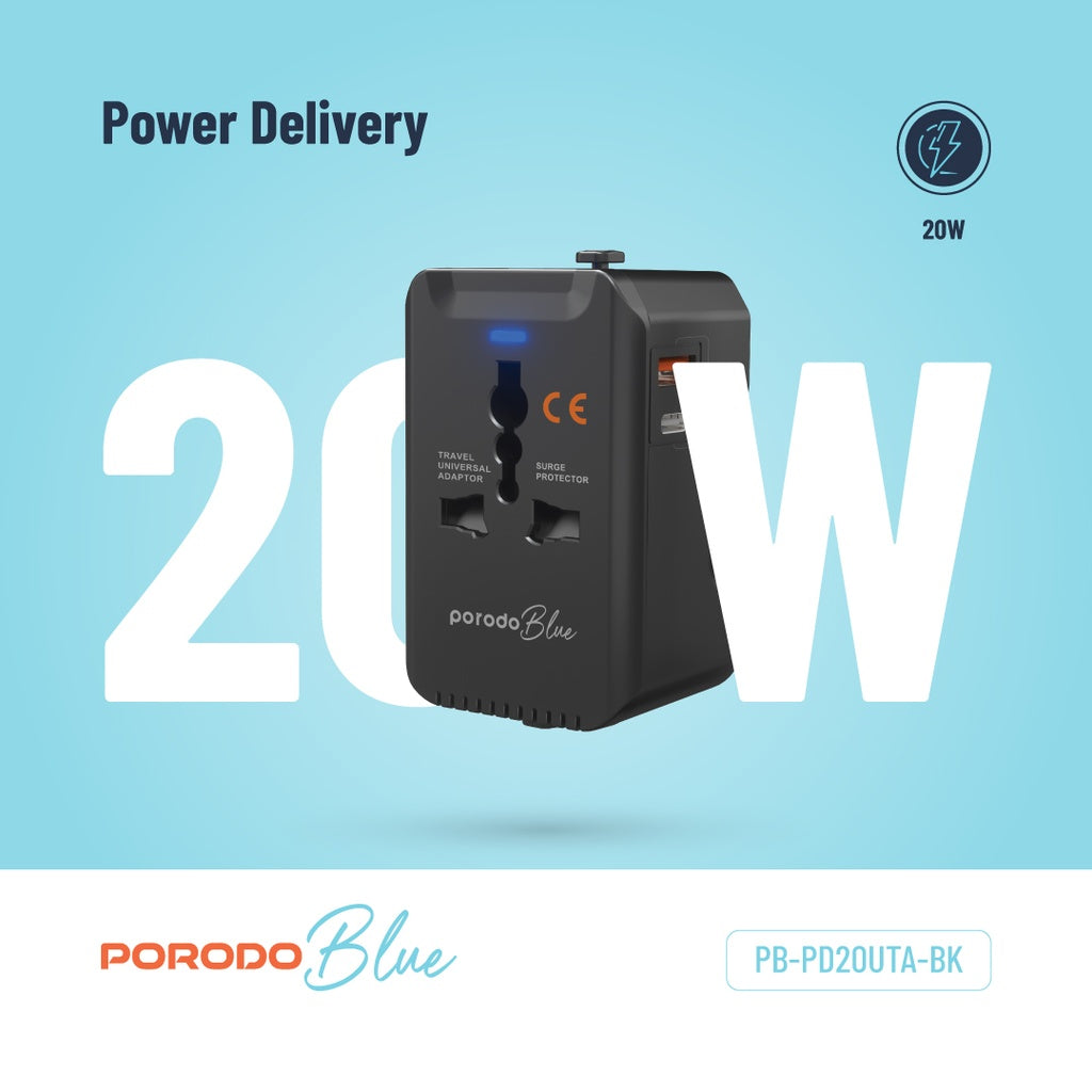 Porodo Blue Dual Port Universal Charger - Black | شاحن بورودو بلو ثنائي المنافذ العالمي - أسود