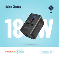 Porodo Blue Dual Port Universal Charger - Black | شاحن بورودو بلو ثنائي المنافذ العالمي - أسود