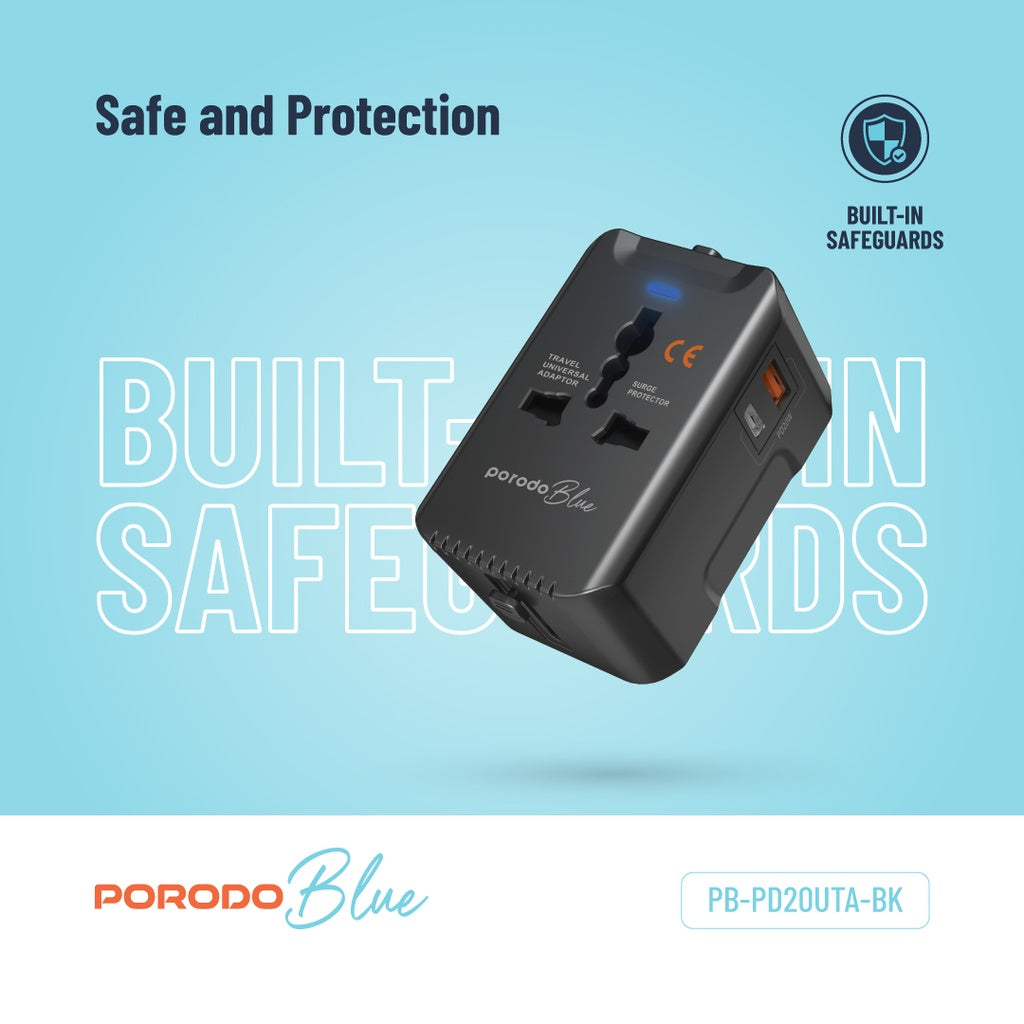 Porodo Blue Dual Port Universal Charger - Black | شاحن بورودو بلو ثنائي المنافذ العالمي - أسود