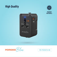 Porodo Blue Dual Port Universal Charger - Black | شاحن بورودو بلو ثنائي المنافذ العالمي - أسود