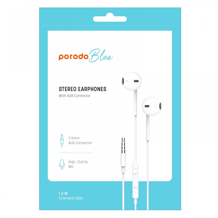 Porodo Blue Stereo Earphones with Aux Connector 3.5mm - White | سماعات بورودو بلو ستيريو بمنفذ 3.5 ملم - أبيض