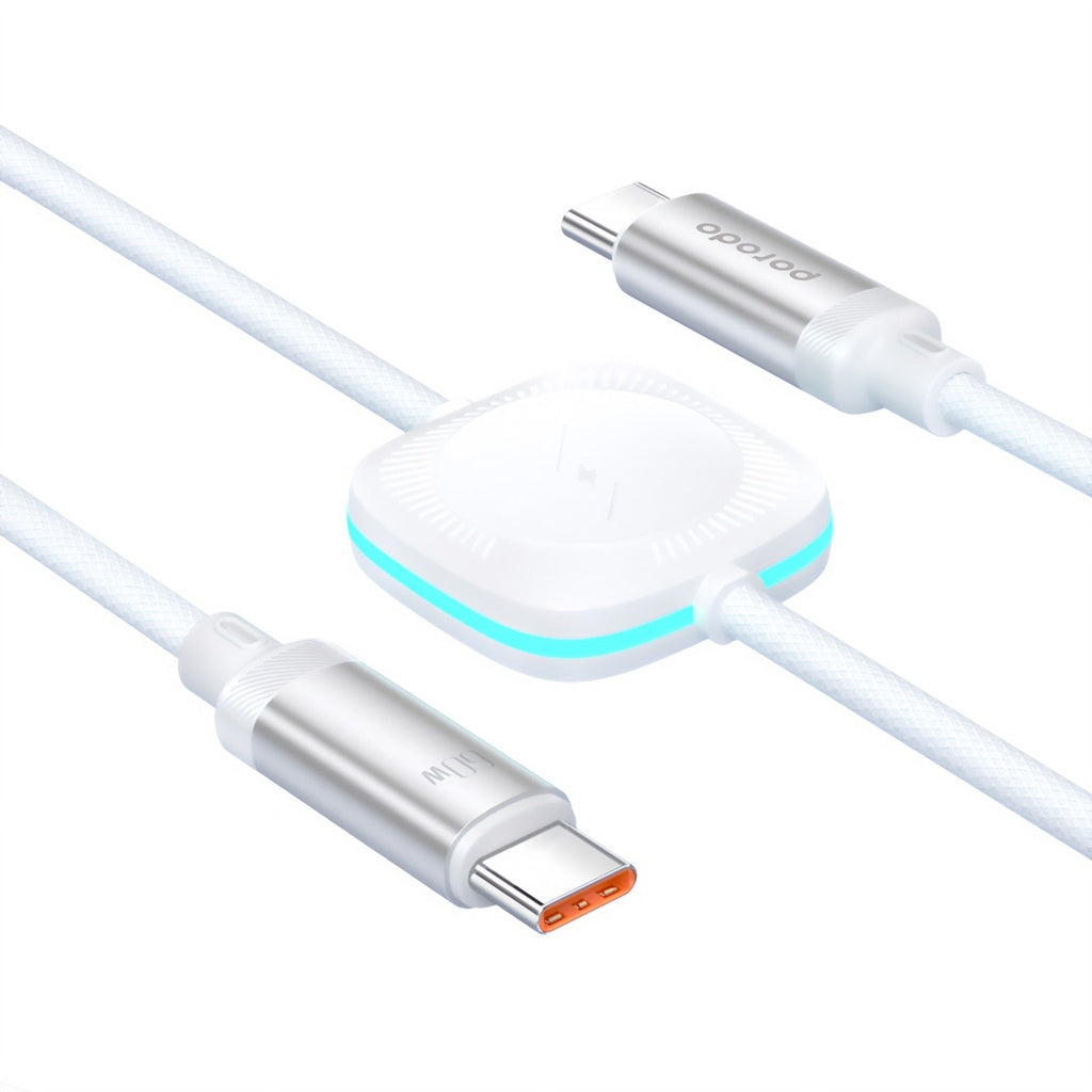 Kabloya Porodo 2-di-1 USB-C bo USB-C 1.2m bi Şarjkera Saeta Bêtêl a 60W - Spî