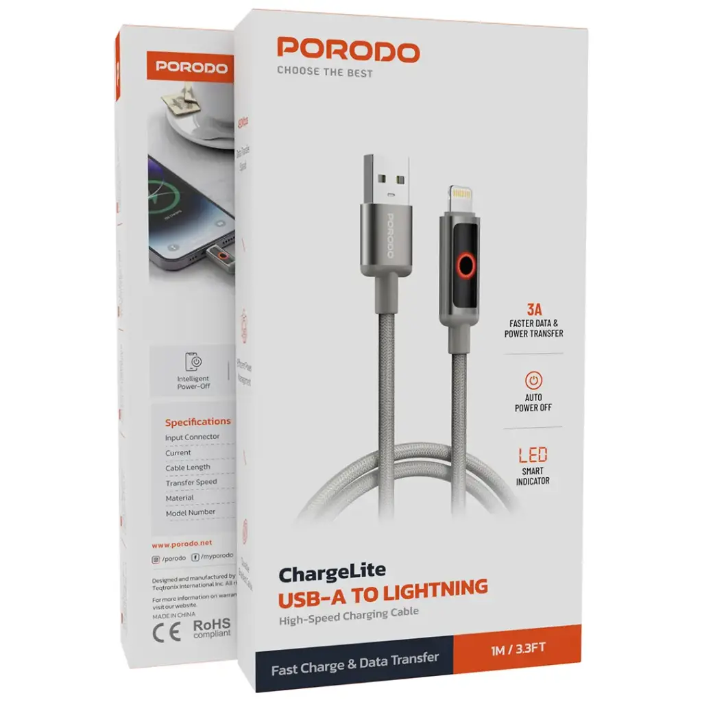 Porodo ChargeLite USB-A to Lightning High-Speed Charging Cable - Gray | كابل بورودو تشارج لايت USB-A إلى لايتنينغ