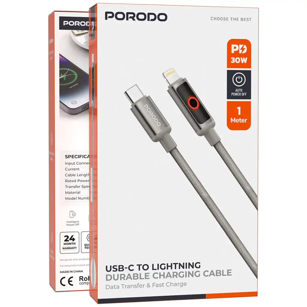 Porodo ChargeLite USB-C to Lightning High-Speed Charging Cable - Gray | كابل شحن بورودو ChargeLite USB-C إلى Lightning عالي السرعة - رمادي