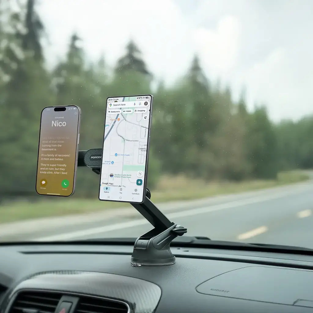 Porodo Dax-L Dual MagSafe Car Phone Holder with Adjustable Telescopic Arm - Black | حامل هاتف سيارة Porodo Dax-L Dual MagSafe مع ذراع تلسكوبي قابل للتعديل - أسود