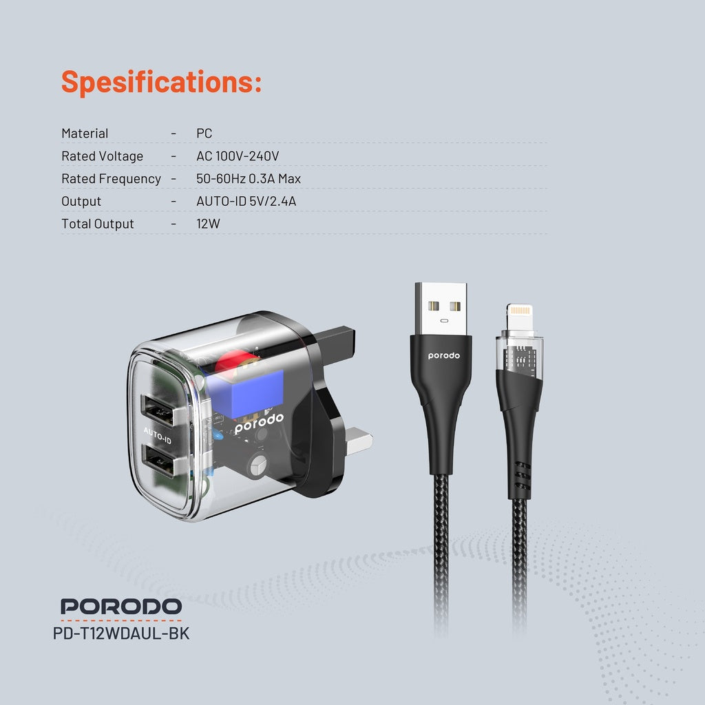 Şarjêra Dual Derketinê ya Porodo ya Şefaf 2.4A 12W bi Kabloya 1.2M USB-A bo Lightning