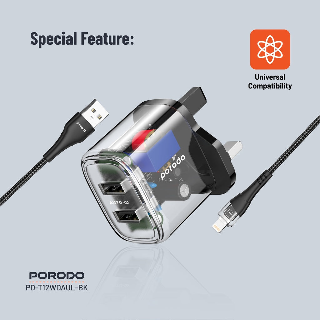 Şarjêra Dual Derketinê ya Porodo ya Şefaf 2.4A 12W bi Kabloya 1.2M USB-A bo Lightning