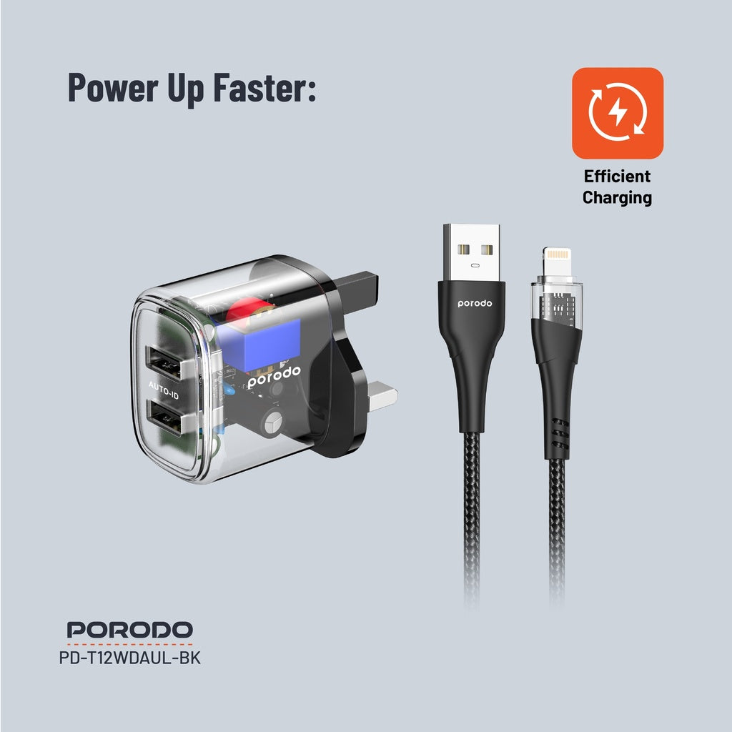 Şarjêra Dual Derketinê ya Porodo ya Şefaf 2.4A 12W bi Kabloya 1.2M USB-A bo Lightning