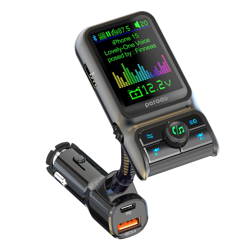 شاحن سيارة ثنائي المنافذ مع مرسل FM وشحن سريع بقدرة 36 واط - اسود | Porodo Dual Port Car Charger FM Transmitter PD 36W QC 18W - Black
