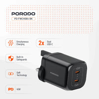 شاحن بورودو GaN بمنفذين تايب سي وبقدرة شحن 45 واط - اسود | Porodo PD45W GaN Dual USB-C Fast Charger UK Plug - Black