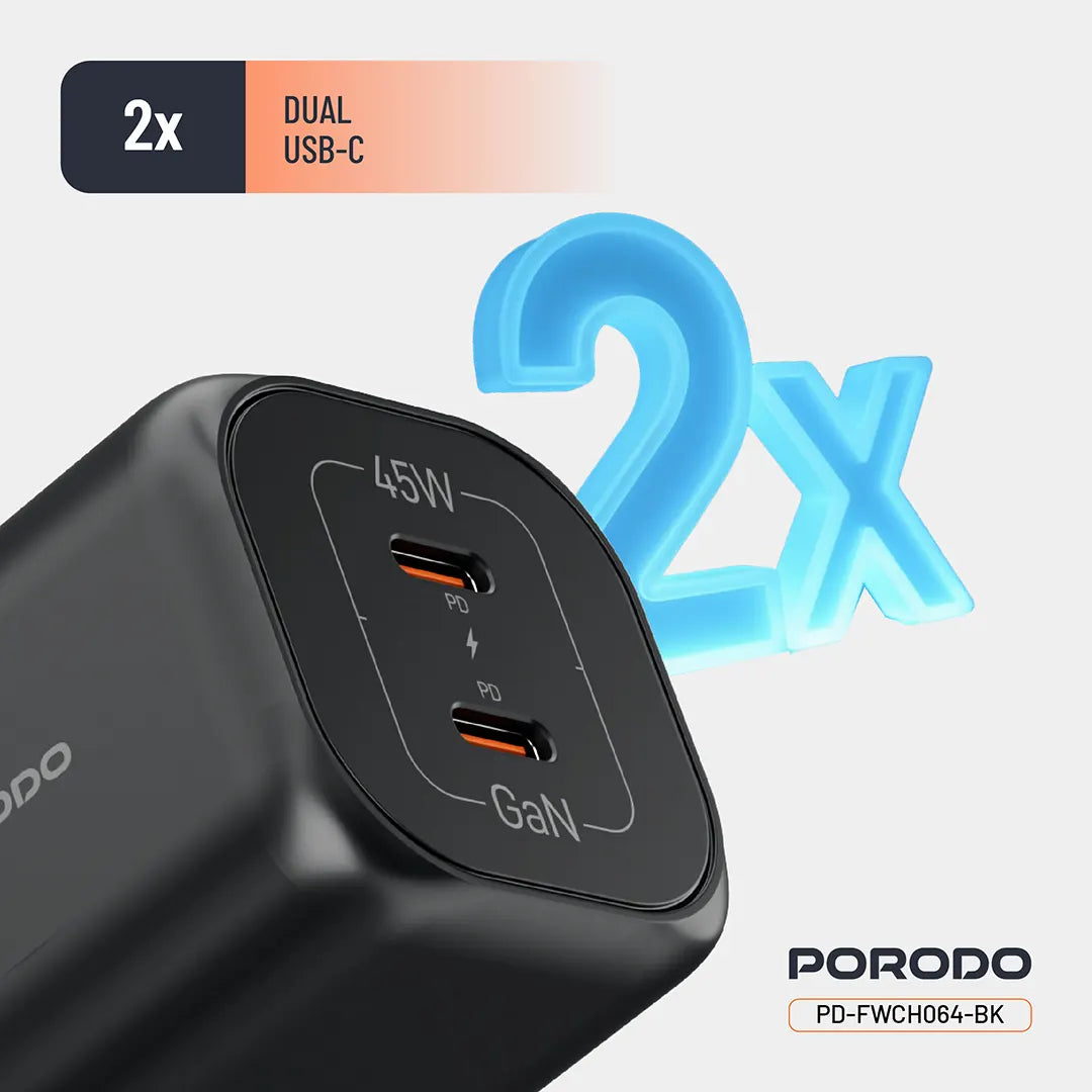 شاحن بورودو GaN بمنفذين تايب سي وبقدرة شحن 45 واط - اسود | Porodo PD45W GaN Dual USB-C Fast Charger UK Plug - Black