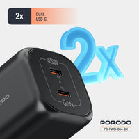 شاحن بورودو GaN بمنفذين تايب سي وبقدرة شحن 45 واط - اسود | Porodo PD45W GaN Dual USB-C Fast Charger UK Plug - Black