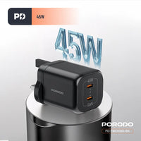 شاحن بورودو GaN بمنفذين تايب سي وبقدرة شحن 45 واط - اسود | Porodo PD45W GaN Dual USB-C Fast Charger UK Plug - Black