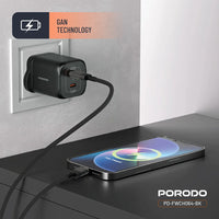 شاحن بورودو GaN بمنفذين تايب سي وبقدرة شحن 45 واط - اسود | Porodo PD45W GaN Dual USB-C Fast Charger UK Plug - Black