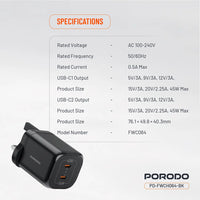 شاحن بورودو GaN بمنفذين تايب سي وبقدرة شحن 45 واط - اسود | Porodo PD45W GaN Dual USB-C Fast Charger UK Plug - Black