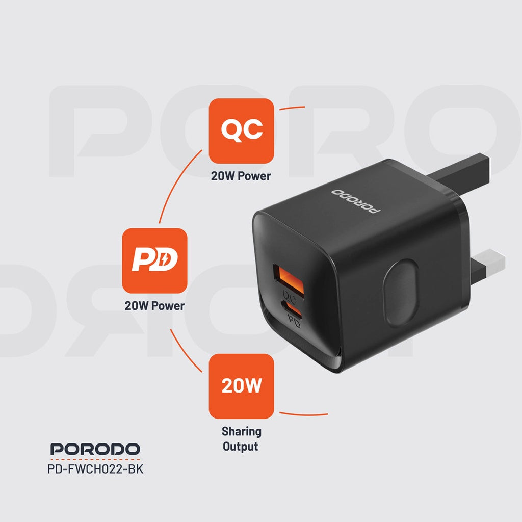 شاحن سريع Porodo PD 20W منفذين UK - Porodo Dual Port Fast Charger