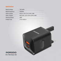 شاحن سريع Porodo PD 20W منفذين UK - Porodo Dual Port Fast Charger
