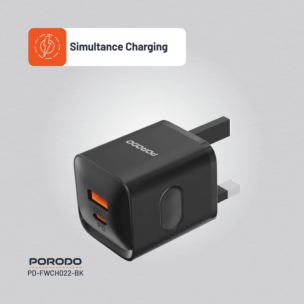 شاحن سريع Porodo PD 20W منفذين UK - Porodo Dual Port Fast Charger