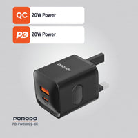 شاحن سريع Porodo PD 20W منفذين UK - Porodo Dual Port Fast Charger