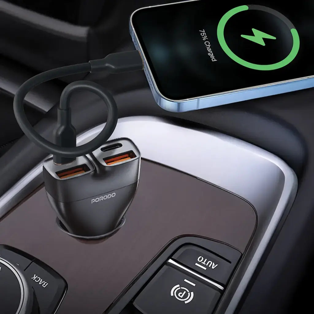 شاحن سيارة بورودو DualPower بقدرة شحن 102 واط مع كيبل تايب سي الى تايب سي - اسود | Porodo Dualpower 102W Car Charger USB-C To USB-C Cable - Black