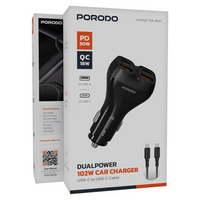 شاحن سيارة بورودو DualPower بقدرة شحن 102 واط مع كيبل تايب سي الى تايب سي - اسود | Porodo Dualpower 102W Car Charger USB-C To USB-C Cable - Black