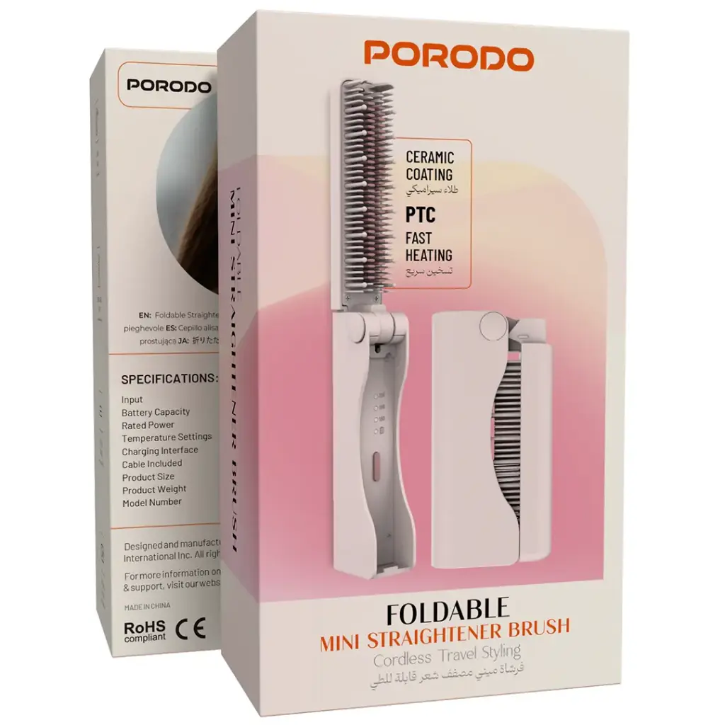 فرشاة فرد الشعر المصغرة القابلة للطي بورودو لايفستايل - وردي | Porodo Lifestyle Foldable Mini Straightener Brush - Pink