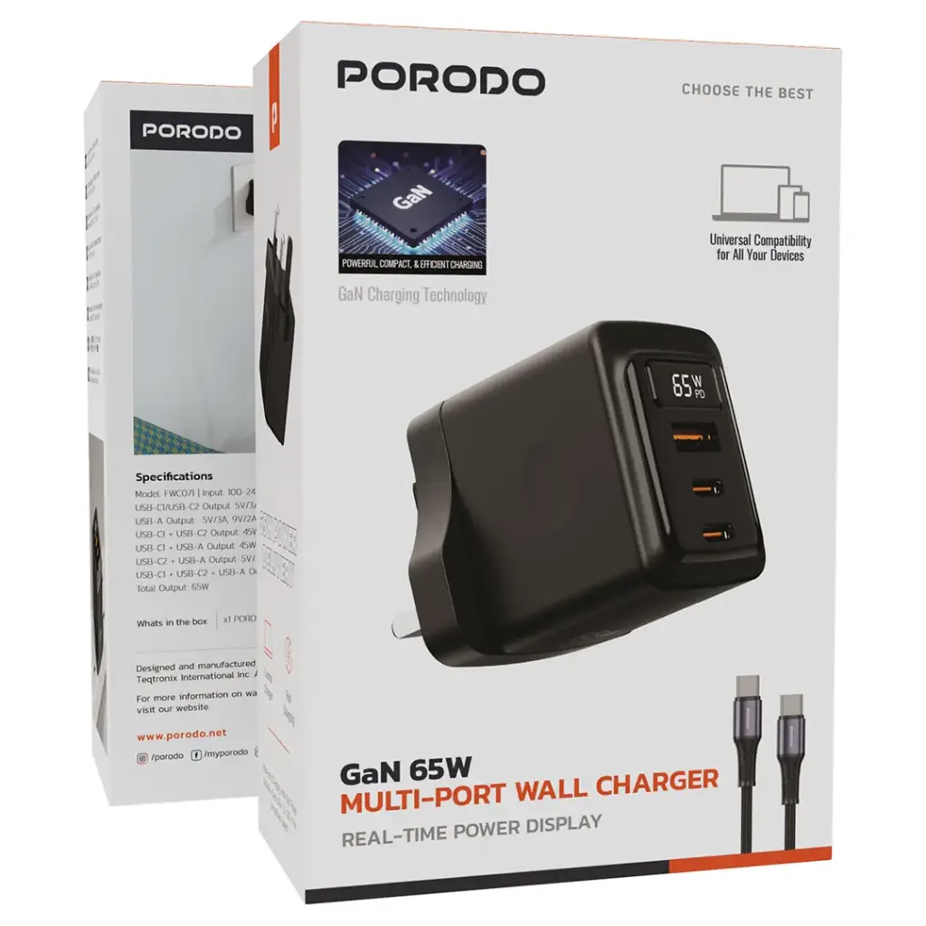 Porodo GaN 65W Multi-Port Wall Charger - Black | شاحن حائط متعدد المنافذ بقدرة 65 واط من بورودو GaN