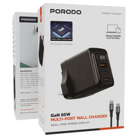 Porodo GaN 65W Multi-Port Wall Charger - Black | شاحن حائط متعدد المنافذ بقدرة 65 واط من بورودو GaN