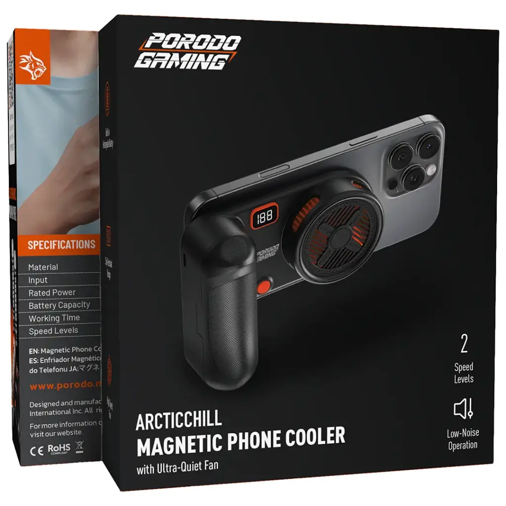 Porodo Gaming Arcticchill Magnetic Phone Cooler with Ultra-Quiet Fan - Black/Orange | مبرد الهاتف المغناطيسي بورودو جيمينج أركتيكشيل مع مروحة هادئة - أسود/برتقالي