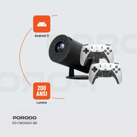 بروجكتر للالعاب بدقة 4K من بورودو, مع نظام اندرويد 11 ووحدات تحكم - اسود | Porodo Gaming 4K Projector Android 11 with Auto Keystone & Gamepad Controller – Black