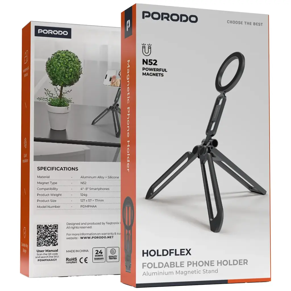 Porodo HoldFlex Foldable Phone Holder with Aluminum Magnetic Base - Gray | حامل الهاتف القابل للطي بورودو هولدفليكس مع قاعدة مغناطيسية من الألومنيوم - رمادي