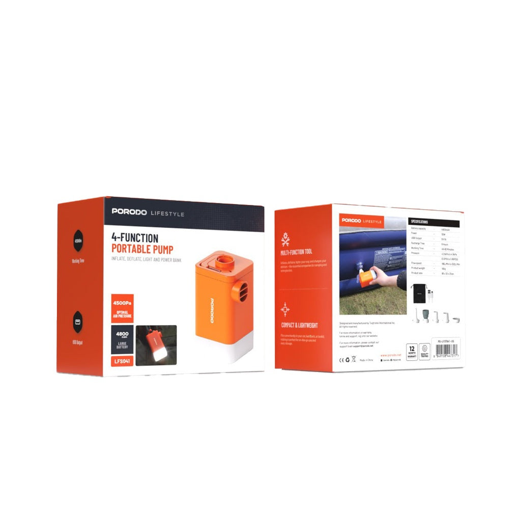مضخة هواء للنفخ والتفريغ مع اضائة من بورودو لايف ستايل - برتقالي | Porodo Lifestyle Camping Inflate and Deflate Air Pump with Light - Orange