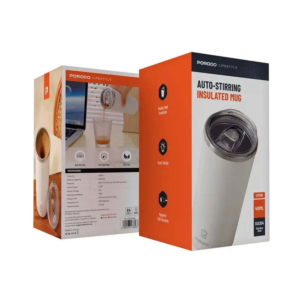 Porodo Lifestyle 400ml Auto-Stirring Suction Twin Wall Cup | كوب بورودو لايف ستايل 400 مل بخاصية التحريك الذاتي