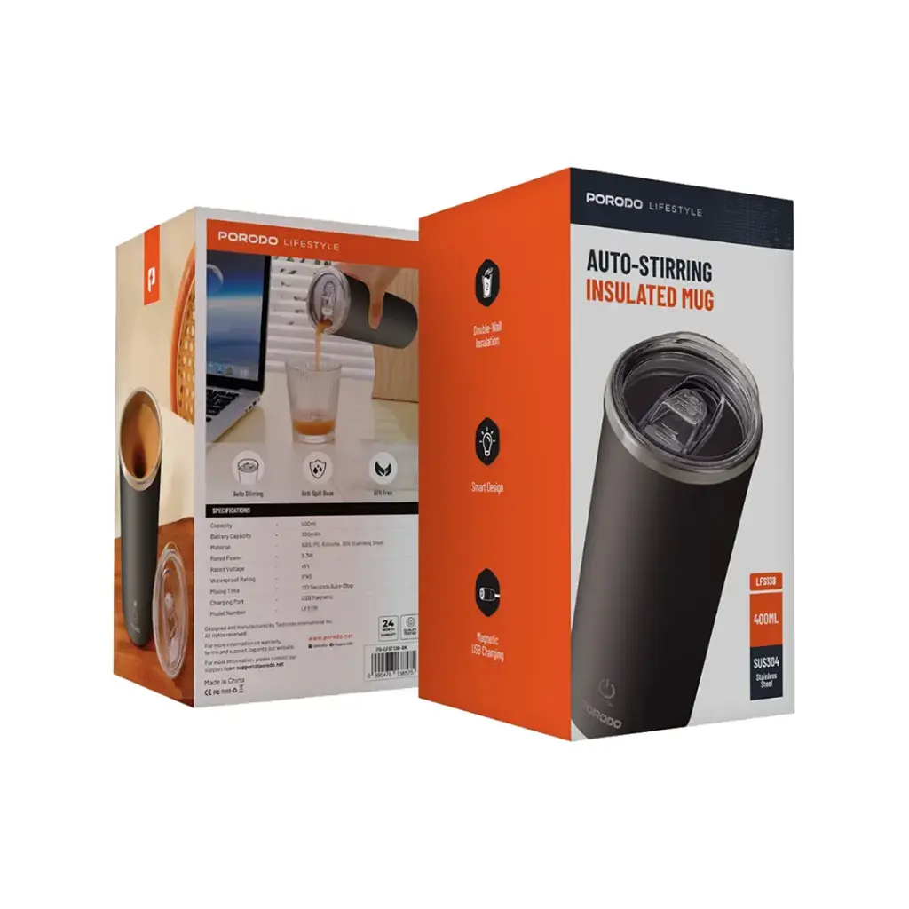 Porodo Lifestyle 400ml Auto-Stirring Suction Twin Wall Cup | كوب بورودو لايف ستايل 400 مل بخاصية التحريك الذاتي