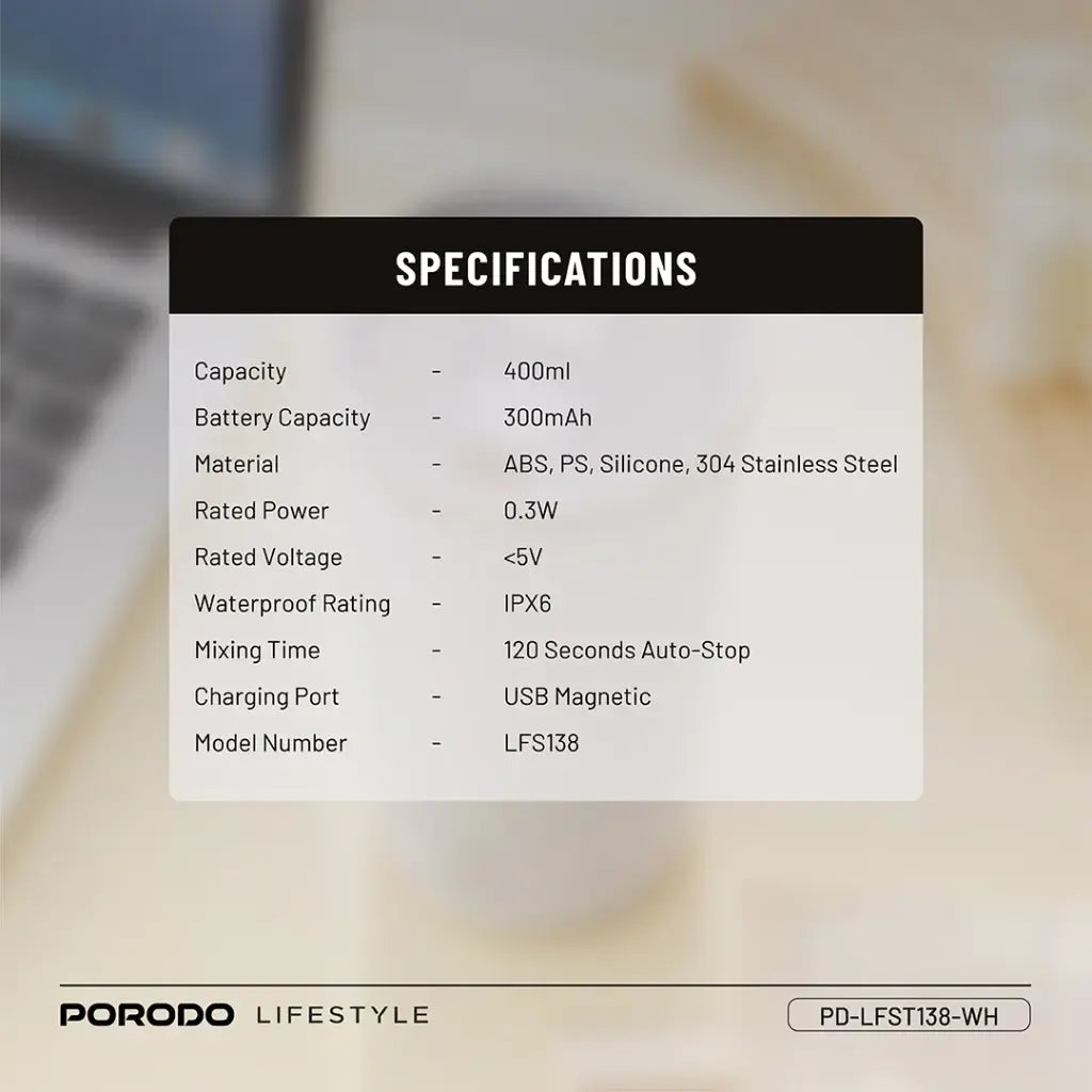 Porodo Lifestyle 400ml Auto-Stirring Suction Twin Wall Cup | كوب بورودو لايف ستايل 400 مل بخاصية التحريك الذاتي