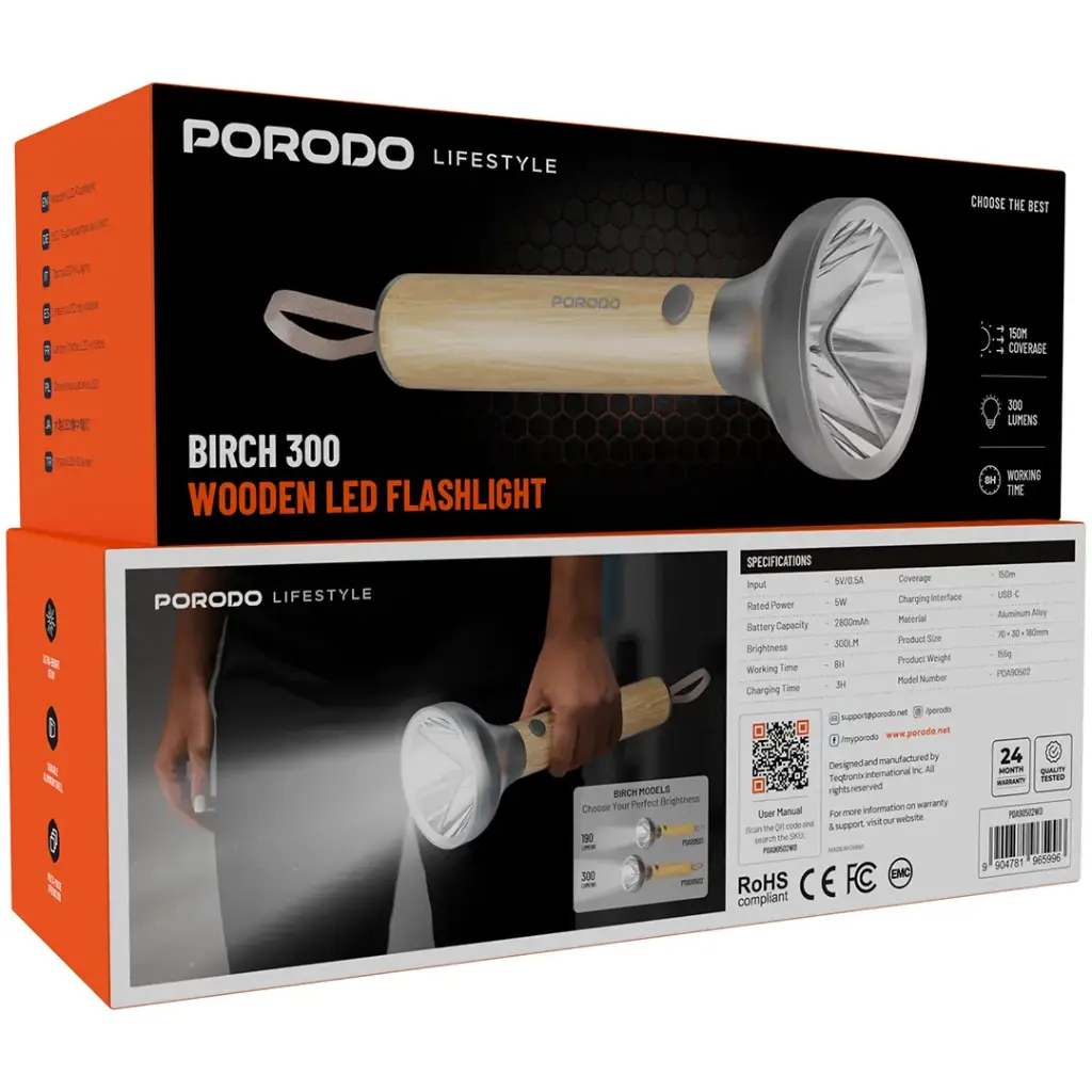 Porodo Lifestyle Birch 300 LED Flashlight - Wood | فلاشلايت بورودو لايفستايل بيرش 300 LED الخشبي