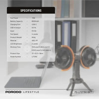 مروحة متعددة الوظائف 360° مع إضاءة وحامل ثلاثي - Porodo Lifestyle 18W Multifunctional Adjustable Fan