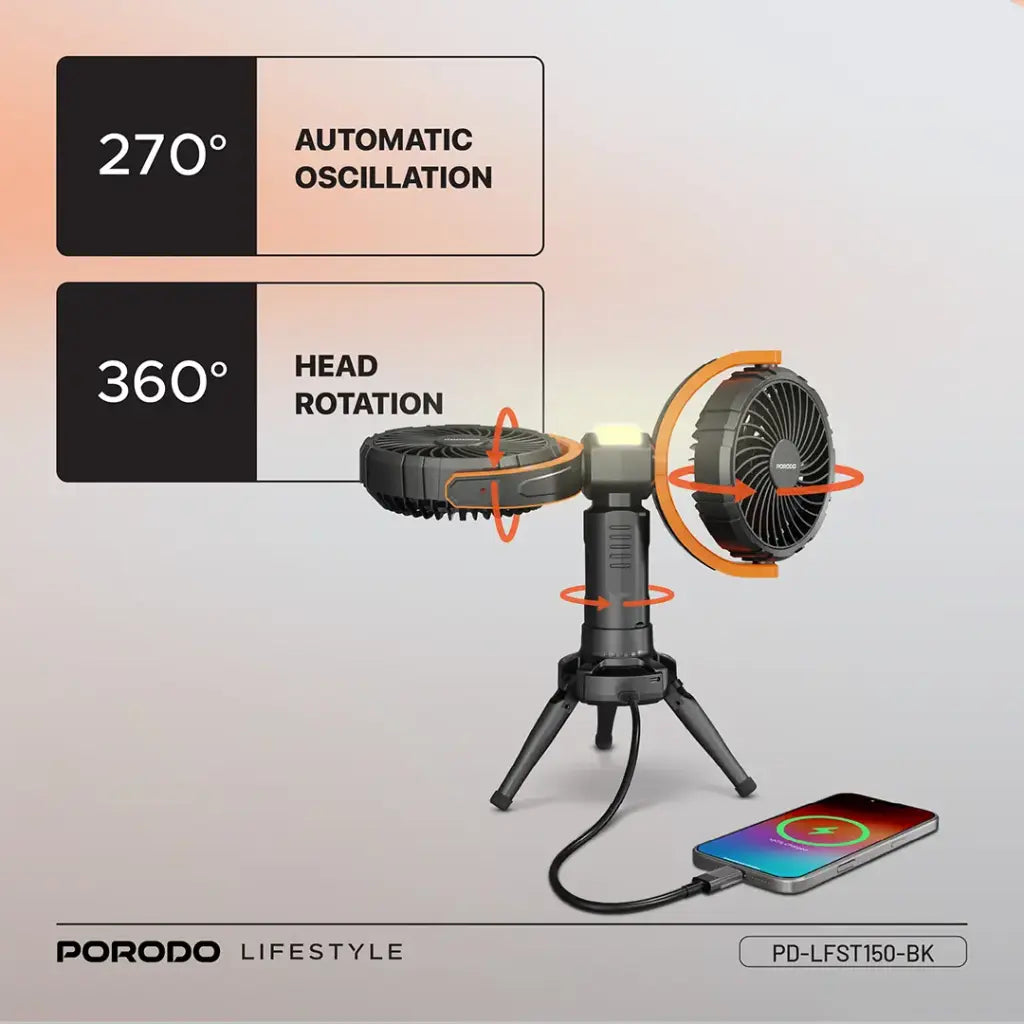 مروحة متعددة الوظائف 360° مع إضاءة وحامل ثلاثي - Porodo Lifestyle 18W Multifunctional Adjustable Fan