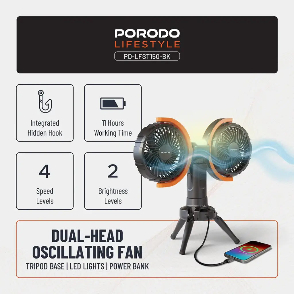 مروحة متعددة الوظائف 360° مع إضاءة وحامل ثلاثي - Porodo Lifestyle 18W Multifunctional Adjustable Fan