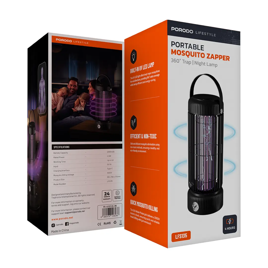 مصباح قاتل الحشرات الكهربائي بورودو بسعة بطارية 2000 مللي امبير وبمنفذ تايب سي - اسود | Porodo Lifestyle Electric Insect Killer Lamp 2000mAh Type-C - Black