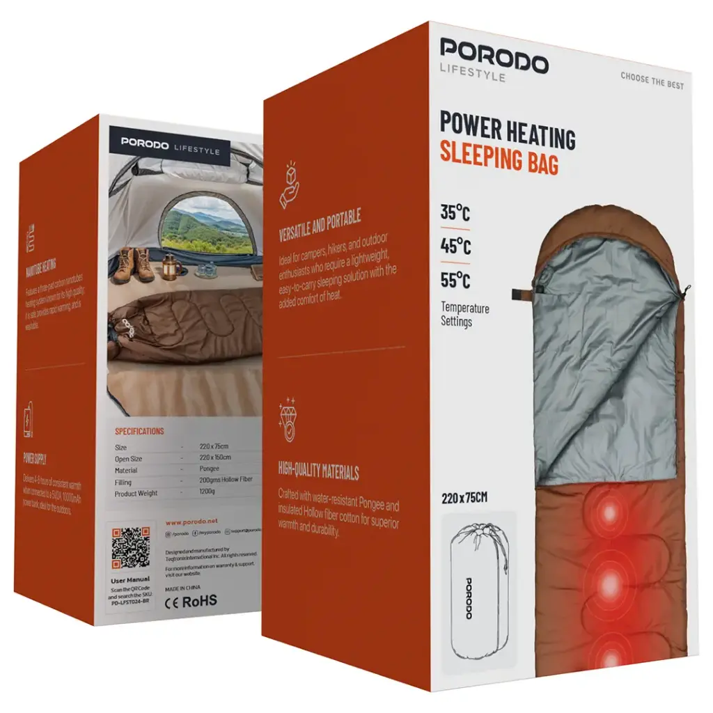 Porodo Lifestyle Power Heating Sleeping Bag – Brown | كيس نوم بورودو لايفستايل التدفئة الكهربائية – بني