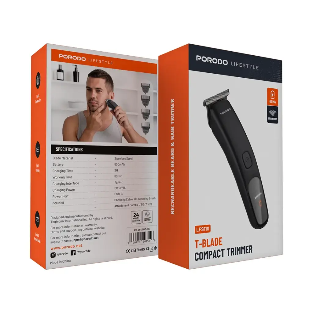 Porodo Lifestyle T-Blade Hair Trimmer 600mAh - Black | ماكينة حلاقة بورودو لايفستايل T-Blade ببطارية 600mAh - أسود