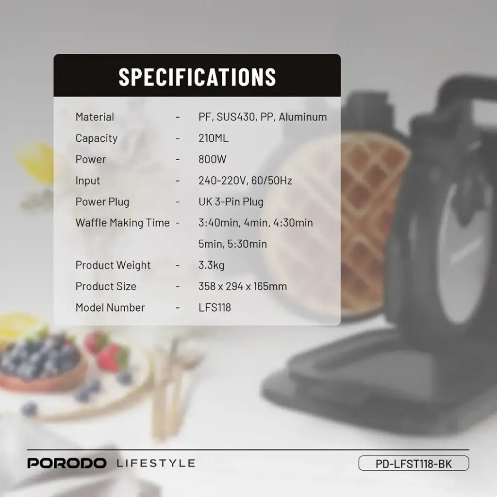 ماكينة الوافل العمودية من بورودو لايف ستايل بقدرة 800 واط وب 5 مستويات حرارة - اسود | Porodo Lifestyle 800W Vertical Waffle Maker with 5 Temperature Modes - Black