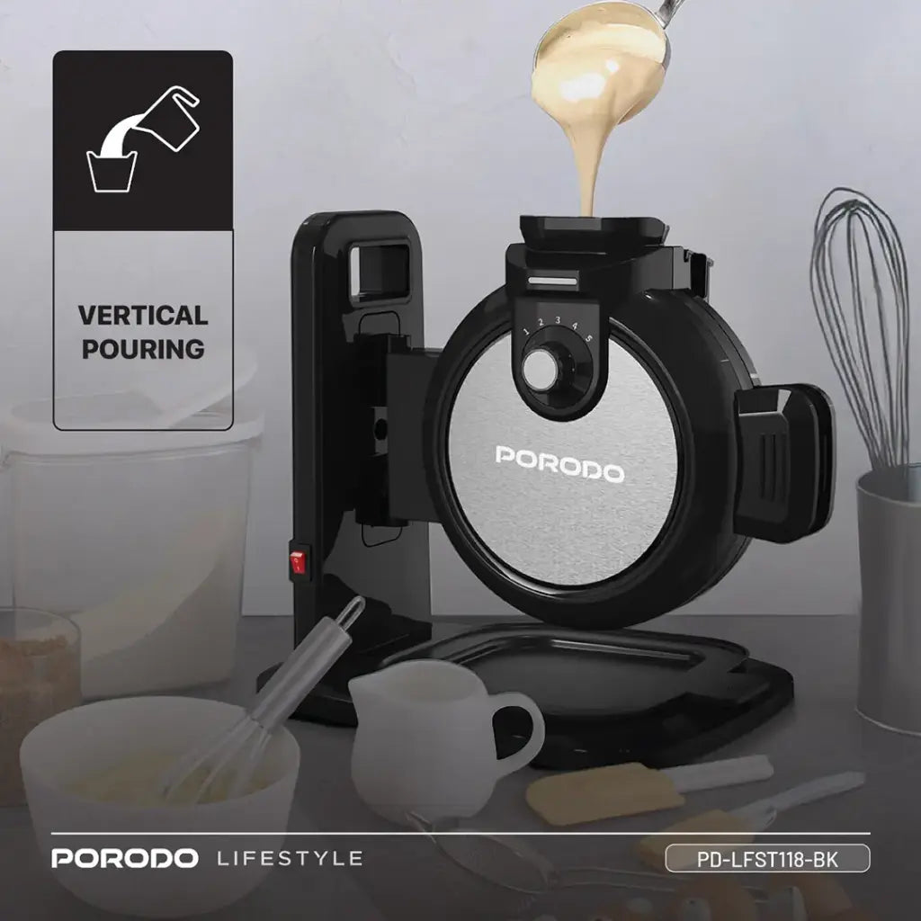 ماكينة الوافل العمودية من بورودو لايف ستايل بقدرة 800 واط وب 5 مستويات حرارة - اسود | Porodo Lifestyle 800W Vertical Waffle Maker with 5 Temperature Modes - Black