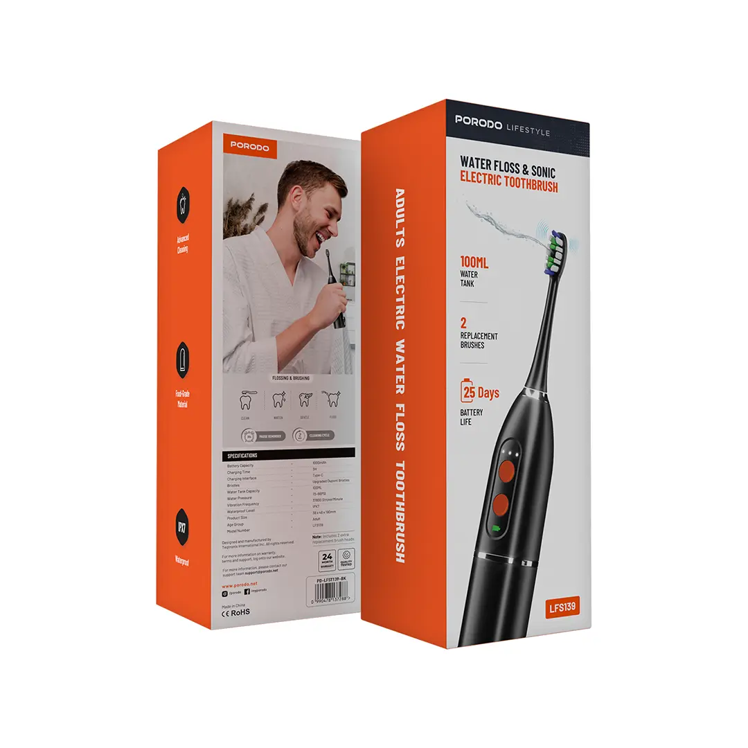 Firçeya Diranan a Elektrîkî ya Porodo Lifestyle 1000mAh IPX7 bi Moda Destî û Depoya Avê ya 110ml.