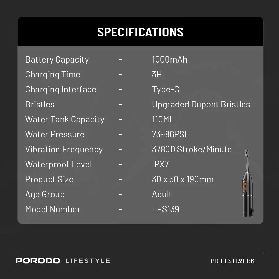 Firçeya Diranan a Elektrîkî ya Porodo Lifestyle 1000mAh IPX7 bi Moda Destî û Depoya Avê ya 110ml.