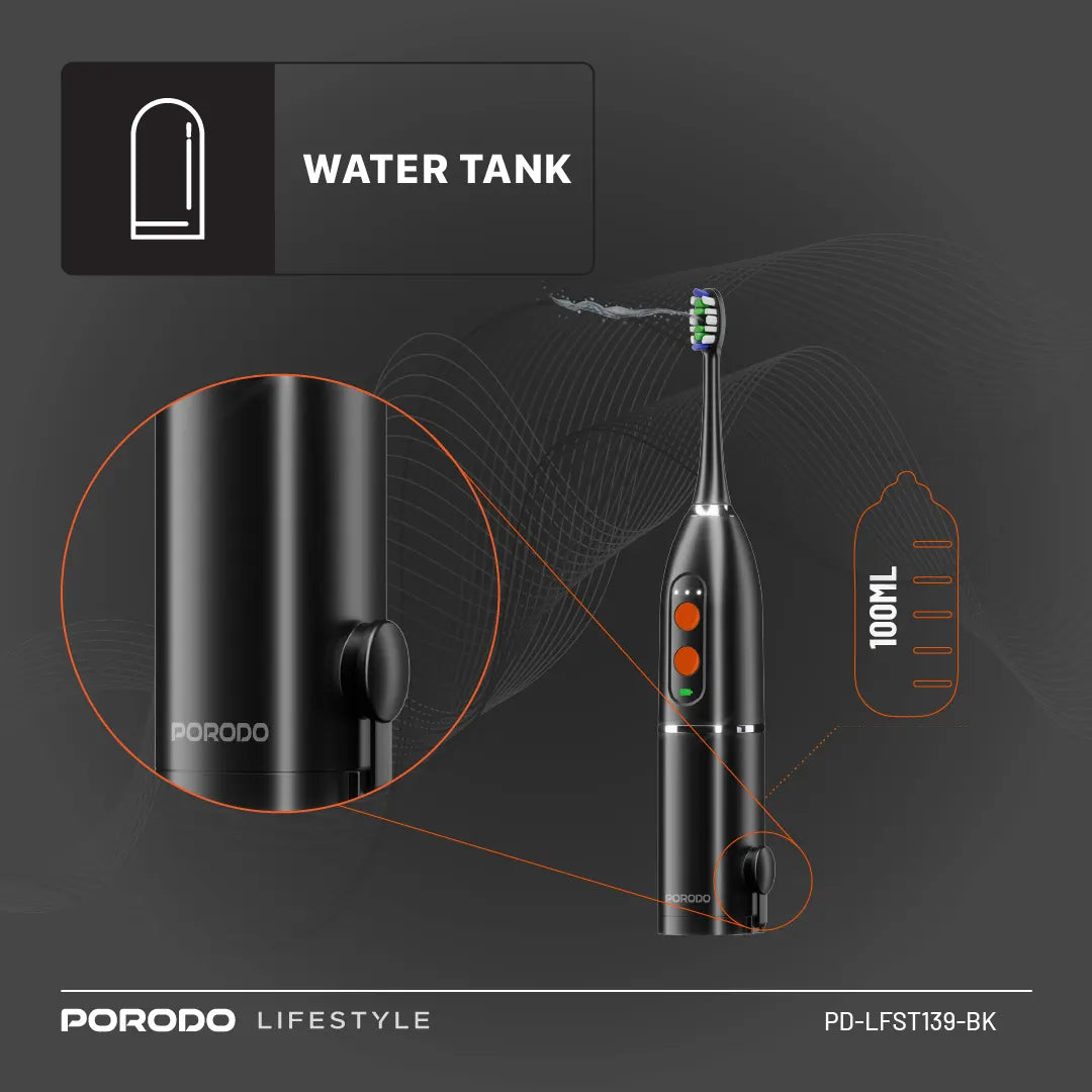 Firçeya Diranan a Elektrîkî ya Porodo Lifestyle 1000mAh IPX7 bi Moda Destî û Depoya Avê ya 110ml.