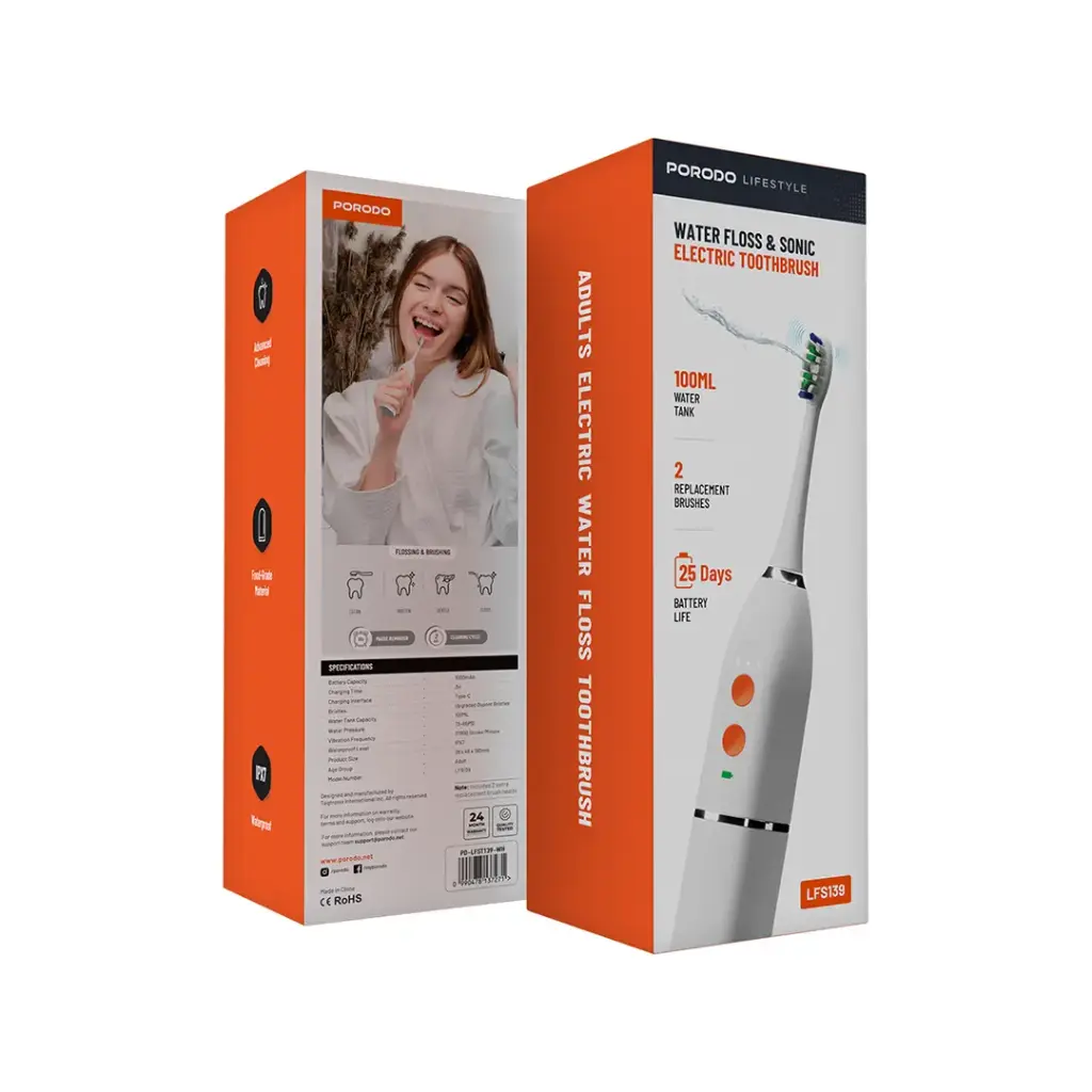 Firçeya Diranan a Elektrîkî ya Porodo Lifestyle 1000mAh IPX7 bi Moda Destî û Depoya Avê ya 110ml.